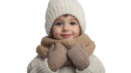 A charming image of a child wearing a cozy knitted sweater and mittens, perfect for highlighting the warmth and innocence of childhood during the winter season..