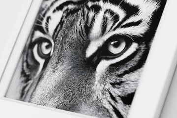 Black and white close up of a tiger face in a white frame, highlighting the intensity of its gaze and the beauty of its fur
