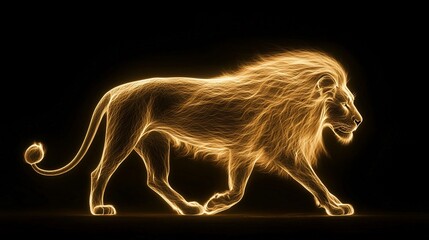 Fiery golden lion walking in darkness.