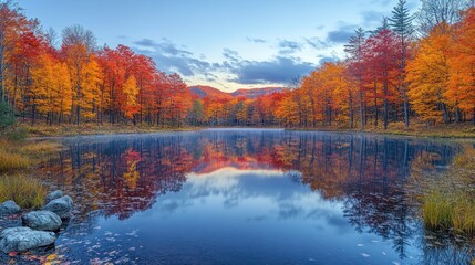 Obraz premium A serene lake surrounded by vibrant autumn foliage reflecting in the water.