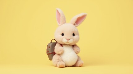 Fototapeta premium Fluffy Rabbit with Backpack Against Pastel Yellow Background