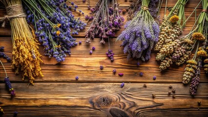 Obraz premium Rustic wooden background adorned with an arrangement of dried lavender, wheat stalks, and other wildflowers, showcasing a natural and earthy aesthetic