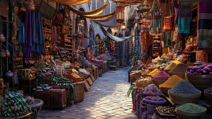 Obraz premium Vibrant spice market encounter marrakesh street photography cultural hub eye-level perspective