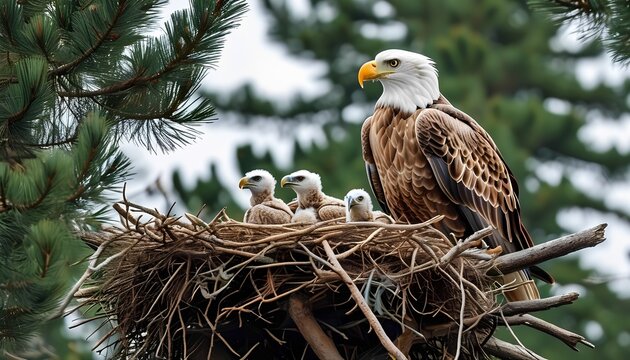 Eagle parenting action nesting bald eagles with chicks in nature woodland environment close-up view wildlife conservation concept