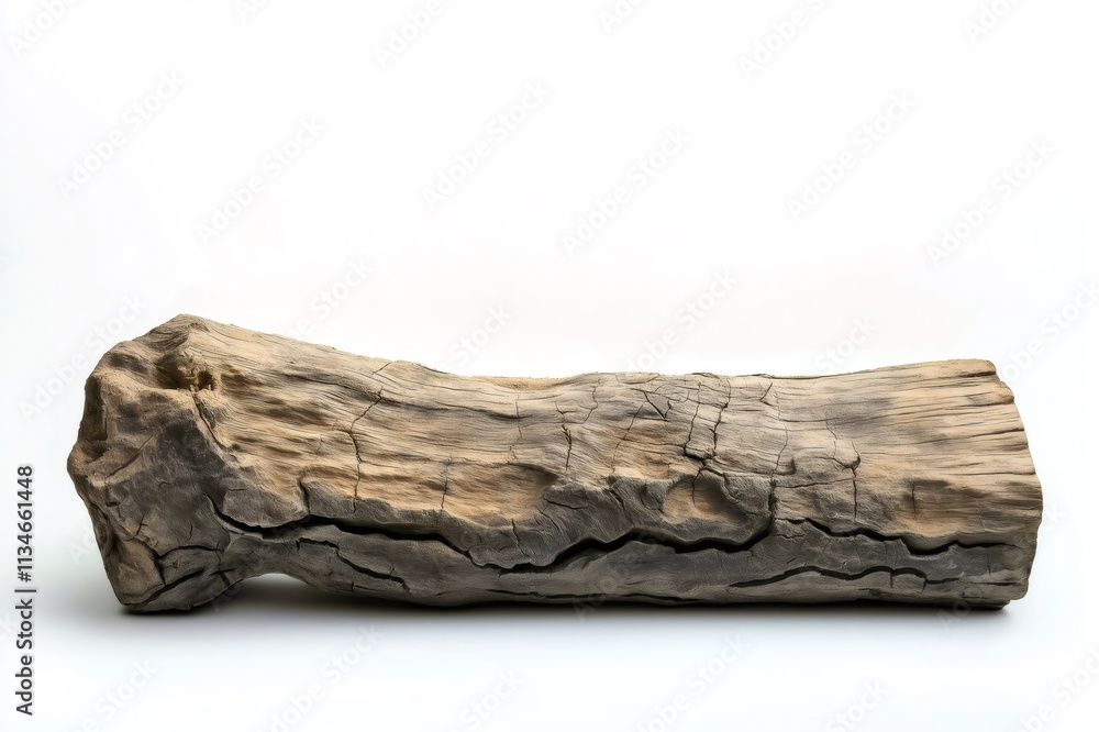 Poster weathered wooden log with bark and cracks, isolated on a white background, creating a rustic and nat