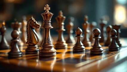 Close-up of a classic wooden chessboard with pieces mid-game, showcasing strategy, precision, and timeless design in sharp detail