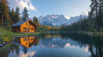 Fototapeta premium A serene lakeside cabin surrounded by mountains and trees, reflecting on calm water.