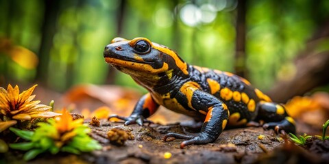 Fototapeta premium A Fire Salamander Crawling Through Mud in a Lush Forest Setting, Showcasing Its Vibrant Colors and Textured Skin, Captured with High Depth of Field for Stunning Detail