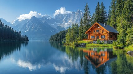 Fototapeta premium A serene lakeside cabin surrounded by mountains and trees, reflecting on calm waters.