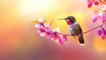 Fototapeta premium colorful hummingbird perched elegantly on branch adorned with pink flowers, showcasing its vibrant plumage against soft, blurred background. scene evokes sense of tranquility and beauty in nature