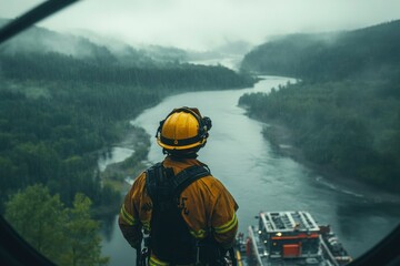 Obraz premium Firefighter Overlooking Rainy River Valley Landscape