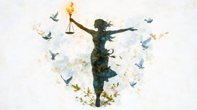 empowering womens day art, an image of a woman holding a torch of hope, symbolizing equality with scales and doves, celebrates international womens day with empowering visuals