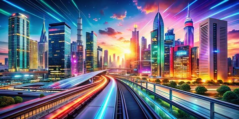 Fototapeta premium A Futuristic Digital Cityscape Showcasing Advanced Urban Technology with Glowing Skyscrapers and Smart Infrastructure, Perfectly Framed for Dynamic Presentations and Creative Projects
