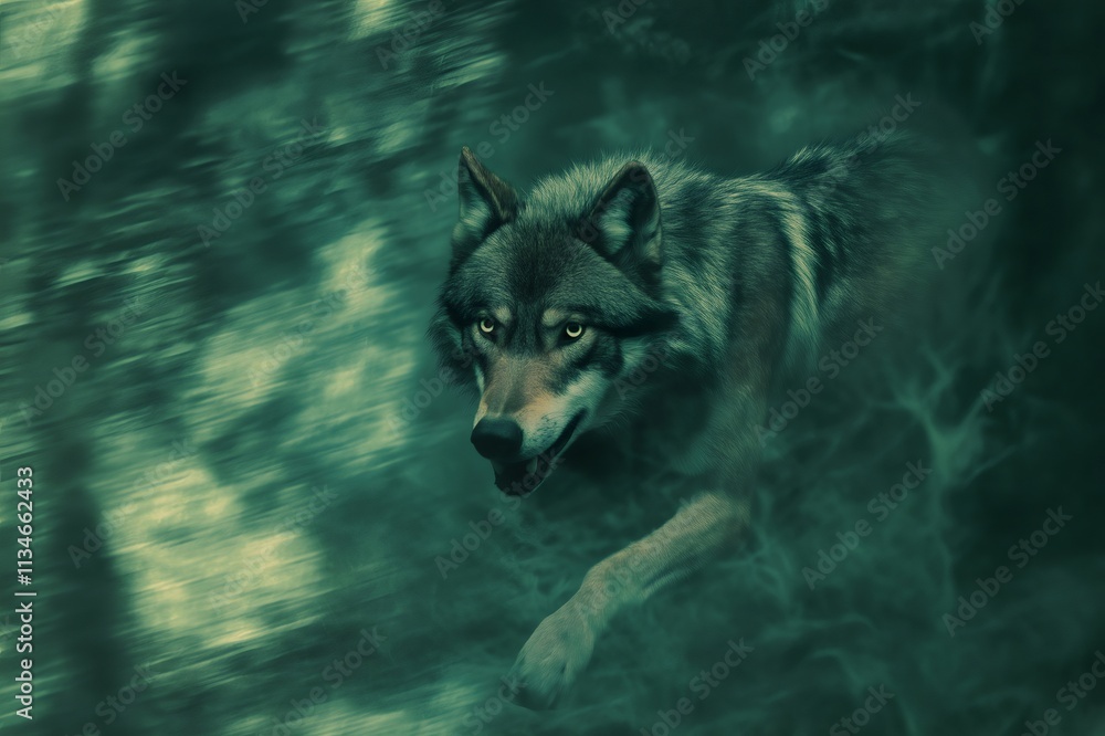 Aufkleber gray wolf running in a dark forest with motion blur effect, creating a sense of speed and urgency