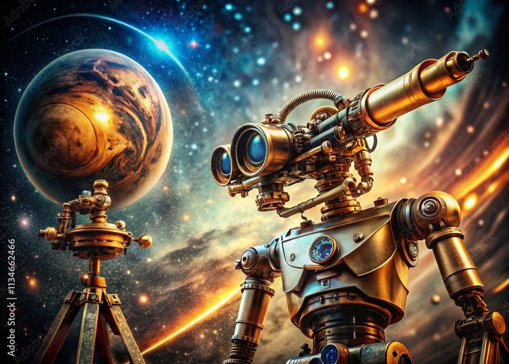 Poster a futuristic robot using a telescope to explore the cosmos in a stunning macro photography close-up,