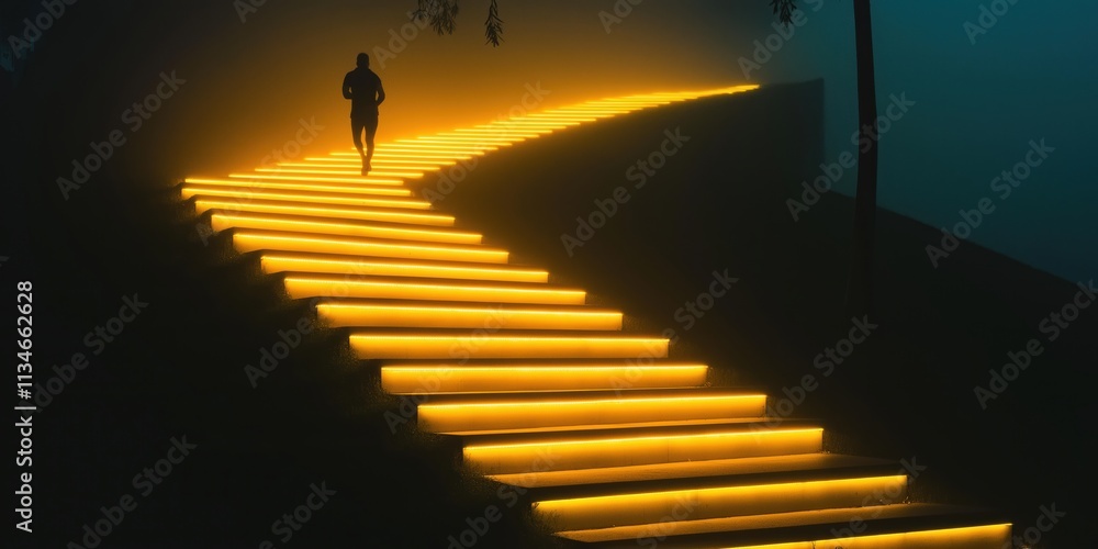 Poster A lone figure steadily walking up illuminated steps that lead into a thick mist, representing the significant journey towards achieving personal goals and the continuous process of selfimprovement