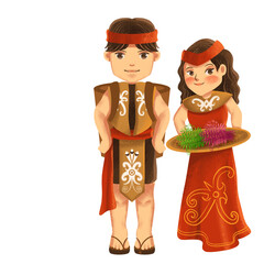 illustration of young Dayak women holding durian fruit