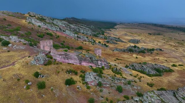 Landscape at the castle of Zafra (12th century). Municipality Campillo Due&ntilde;as. Aerial view from drone. Molina Alto Tajo Geopark. Alto Tajo Natural Park. Guadalajara. Castilla la Mancha. Spain. Europe