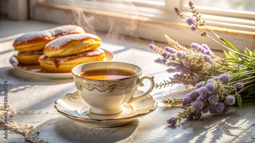 Poster a steaming cup of tea with a delicate pattern, accompanied by sweet pastries and a bouquet of lavend