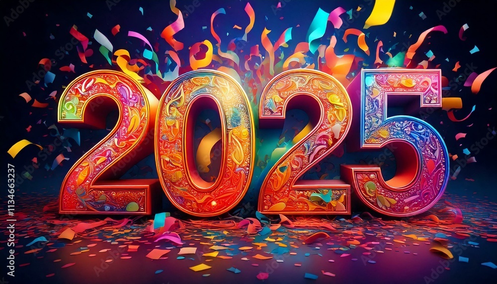 Aufkleber playful and colorful abstract abstract design with oversized number 2025 surrounded by bouncing.