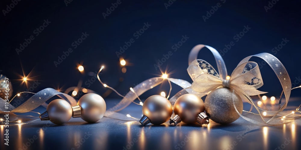 Aufkleber shiny silver and gold christmas ornaments with a white ribbon bow and string lights on a blue backgr