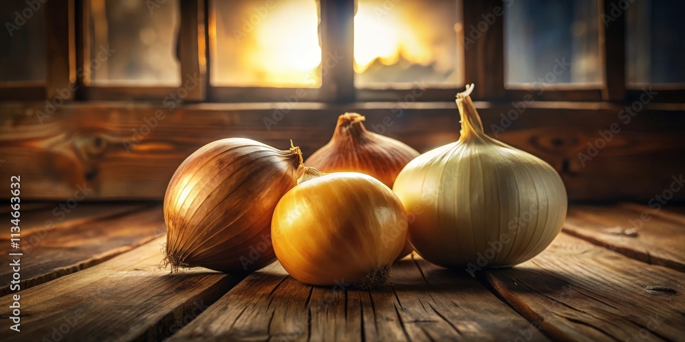 Poster golden and white onions resting on wooden planks with a sunlit window in the background