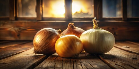 Golden and White Onions Resting on Wooden Planks with a Sunlit Window in the Background