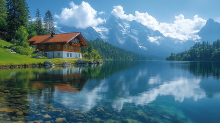 Fototapeta premium A serene lakeside view with a charming house and majestic mountains in the background.