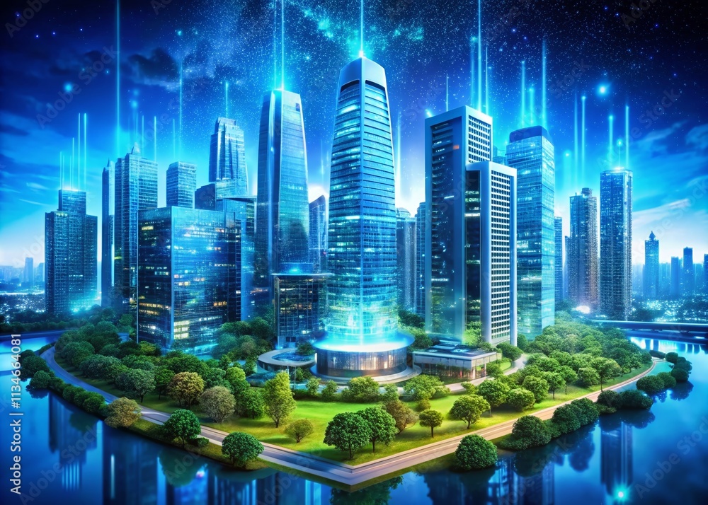 Poster ai-driven urban planning model imagines neon blue city layout optimizing living spaces and enhancing