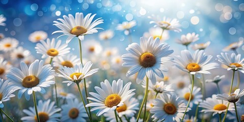 Fototapeta premium A field of delicate white daisies basking in the warm glow of sunlight, their petals unfurling with a soft, ethereal beauty.