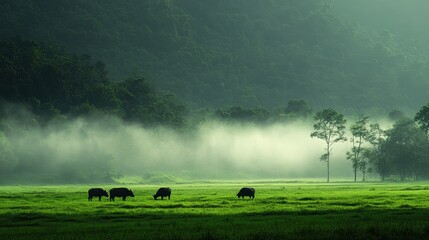 Lush green pasture with grazing water buffalo, misty morning fog, calm natural environment, sustainable farming practices, tropical rural scene, tranquil atmosphere, concept of ethical farming
