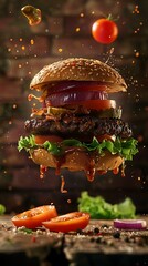 Floating Delicious Hamburger with Ingredients in Mid-Air