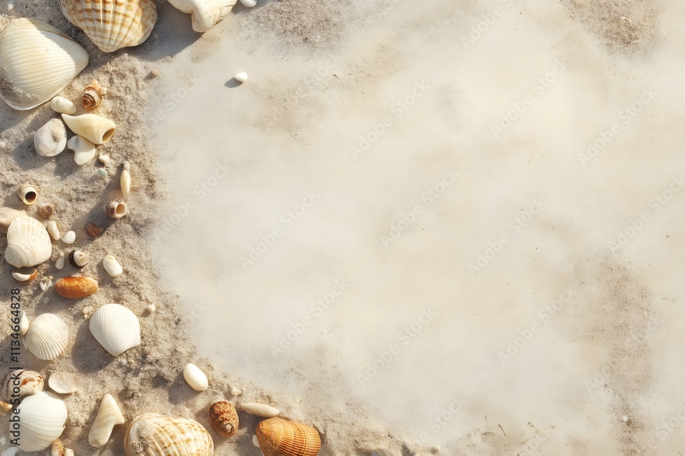 Poster variety of seashells creating a border on a sandy beach, providing ample copy space for text or desi