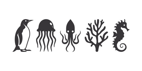 Vector Silhouette Icons of Penguin, Jellyfish, Squid, Coral, and Seahorse