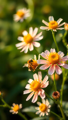 Fototapeta premium The elegant moment of flowers and bees shows the beauty of nature, colorful, with white tones