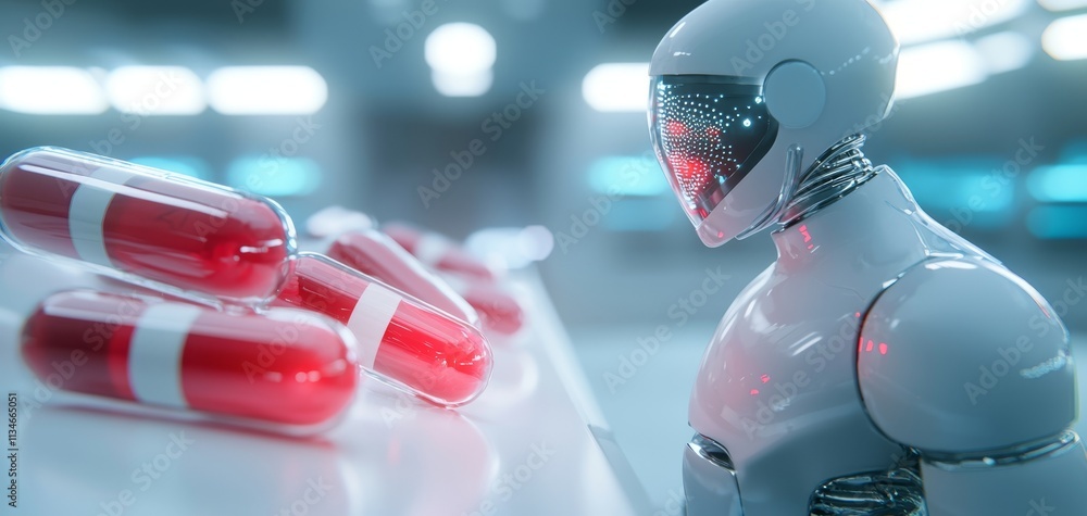 Poster a futuristic robot examines red capsules in a high-tech environment, showcasing the intersection of 
