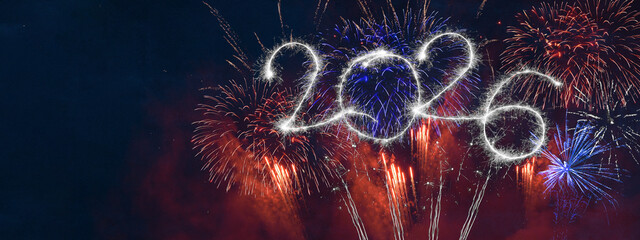 happy new year 2026, new year's eve, silvester, 4th of july celebration greeting card banner...