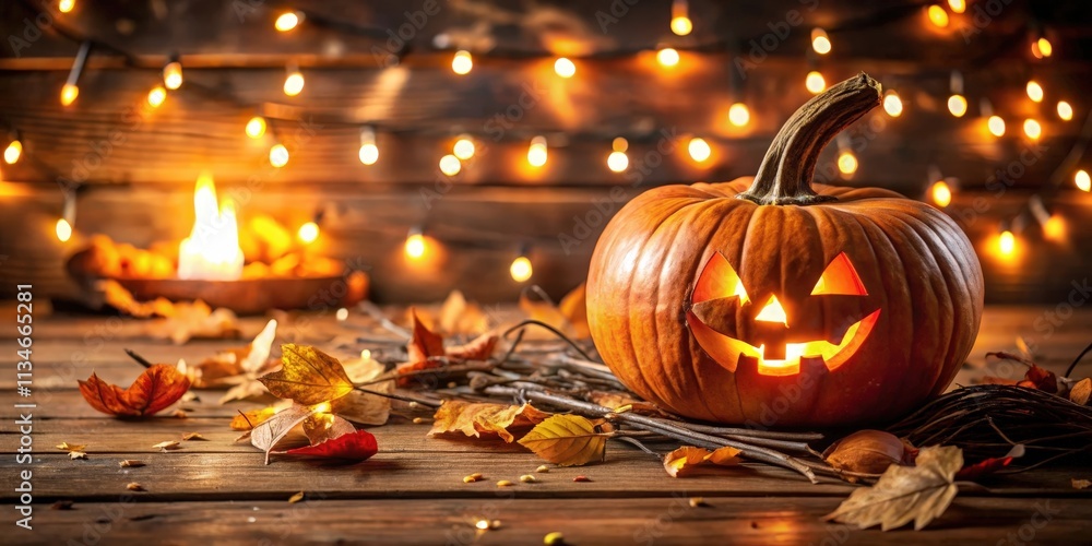 Poster a carved jack-o-lantern glowing with a warm light, surrounded by autumn leaves and twigs, set agains