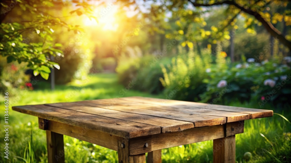 Poster a rustic wooden table sits in a lush green garden with soft sunlight filtering through the leaves.