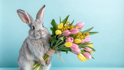 Fototapeta premium Grey Rabbit Holding Spring Tulips Bouquet, Pastel Blue Background, Easter Concept, Rabbit, Tulips