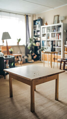 Fototapeta premium Empty wooden table top with blurred living room interior background. Space for product display and montage.