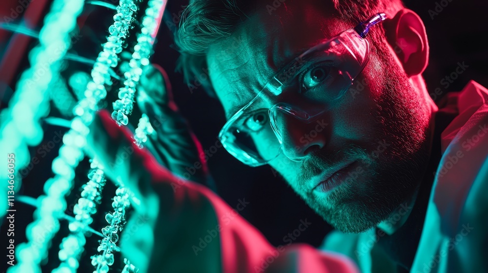 Poster a focused scientist examines glowing strings of dna in a dark environment, emphasizing the blend of 