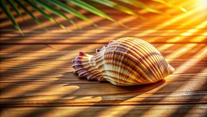 A seashell bathed in golden sunlight, cast against the warm, weathered wood, whispers of the ocean's embrace.