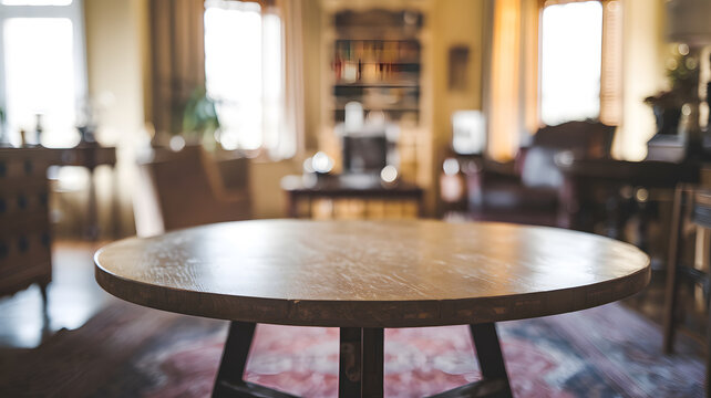 Empty wooden table top with blurred living room interior background. Space for product display and montage.
