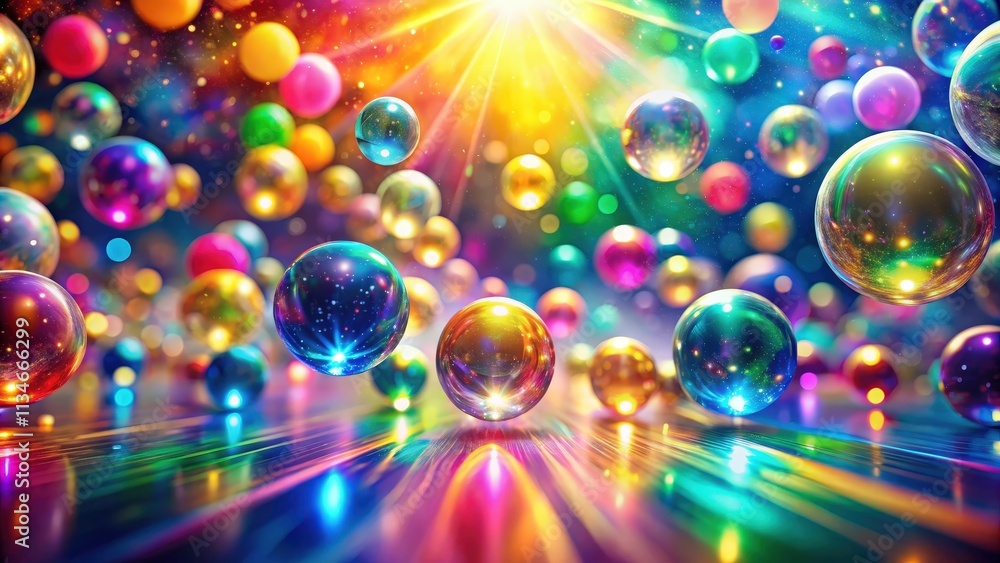 Poster a symphony of shimmering spheres, their iridescent surfaces reflecting a spectrum of vibrant colors,