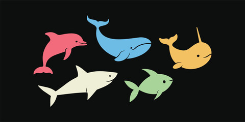 Bright, Minimalist Marine Animal Icons on Black Background