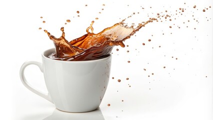 Coffee Splash High-Resolution Image of Coffee Pouring into White Mug, Dynamic Composition, Splashing Concept, Photography Coffee, Beverages