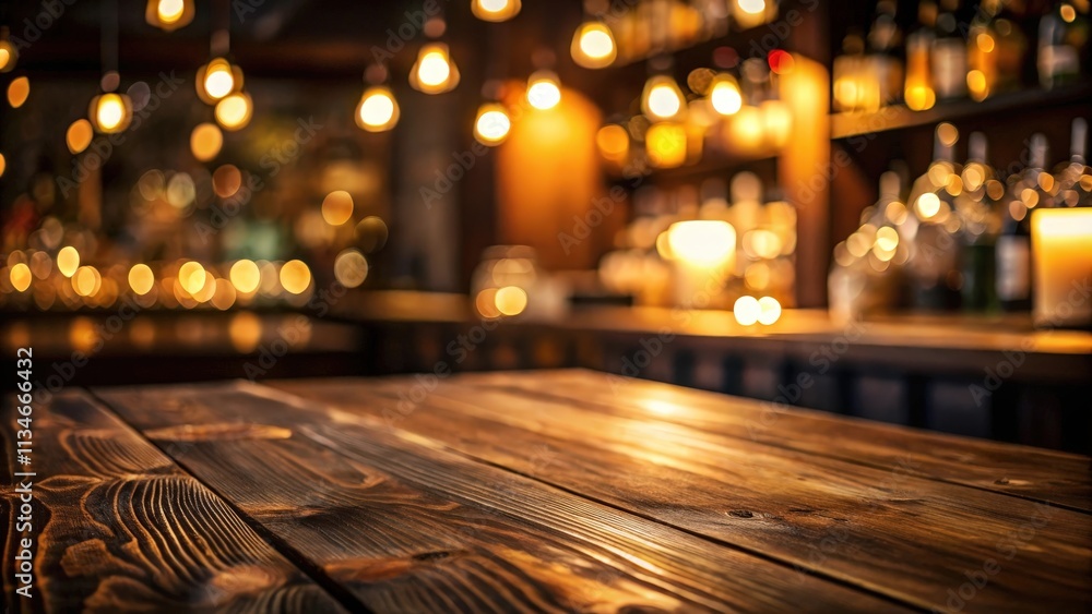 Poster a rustic wooden tabletop in a dimly lit bar setting with warm incandescent lighting and a blurred ba