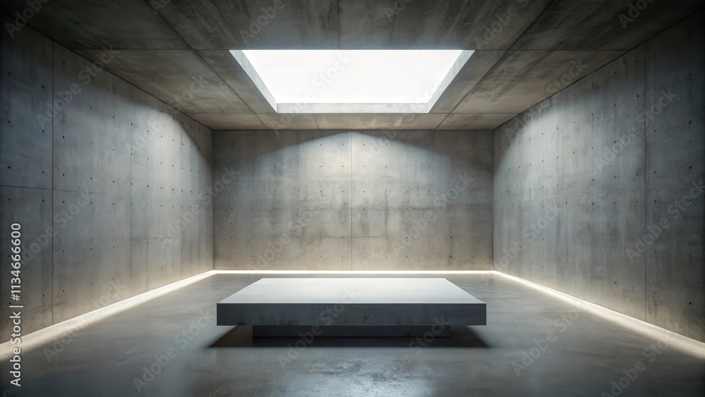 Aufkleber Minimalist concrete room with a single light source emanating from a square skylight, casting shadows and highlighting the textured walls and a raised platform in the center.