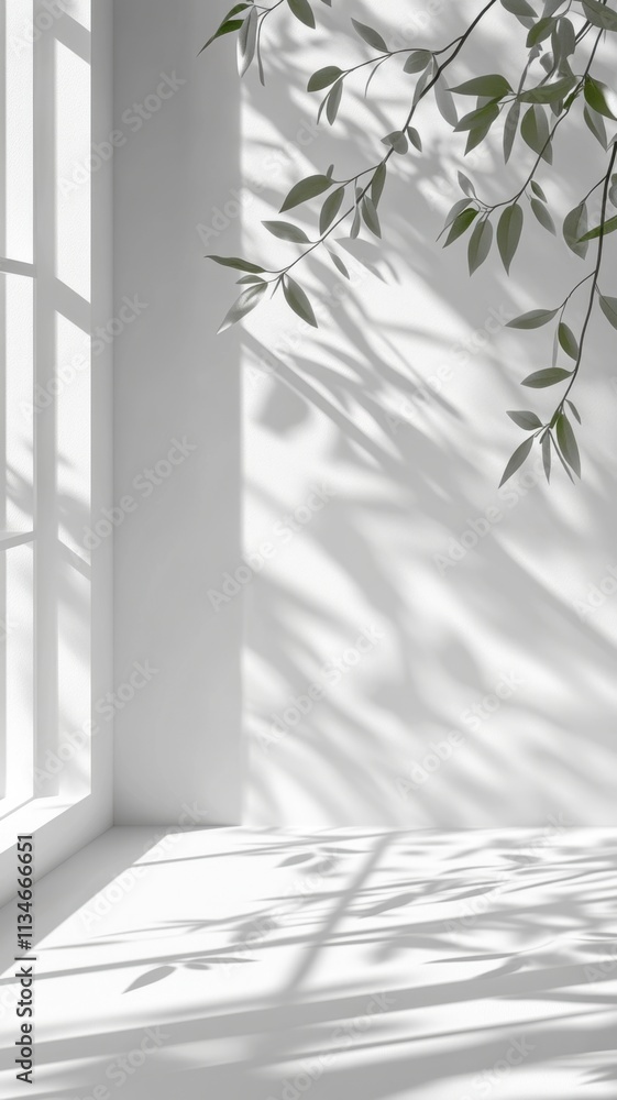 Poster large windows letting in sunlight to illuminate an empty white room with a tree outside, casting bea